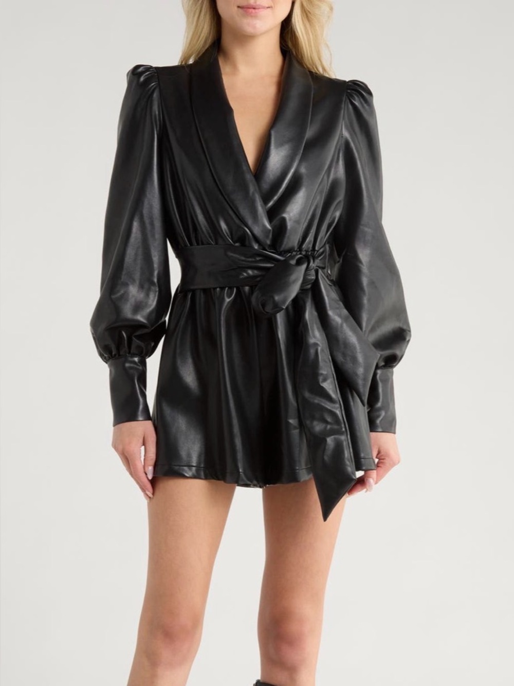 Black Faux Leather Wrap Mini Romper Dress with Waist Tie